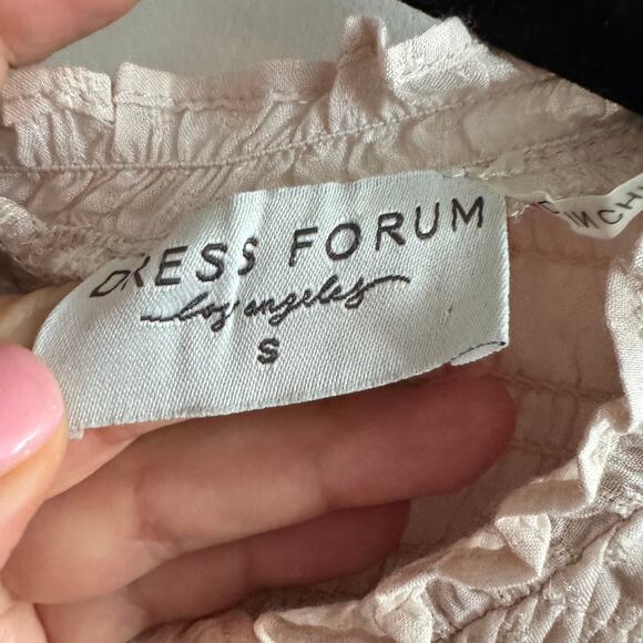 Dress Forum Smocked Dress Beige Crew Neck Rayon Ruffle Hem Short Sleeve Sz S - Picture 6 of 9